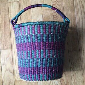 Vintage Large Purple Green Woven Bolga Storage Market Basket Handles 12”